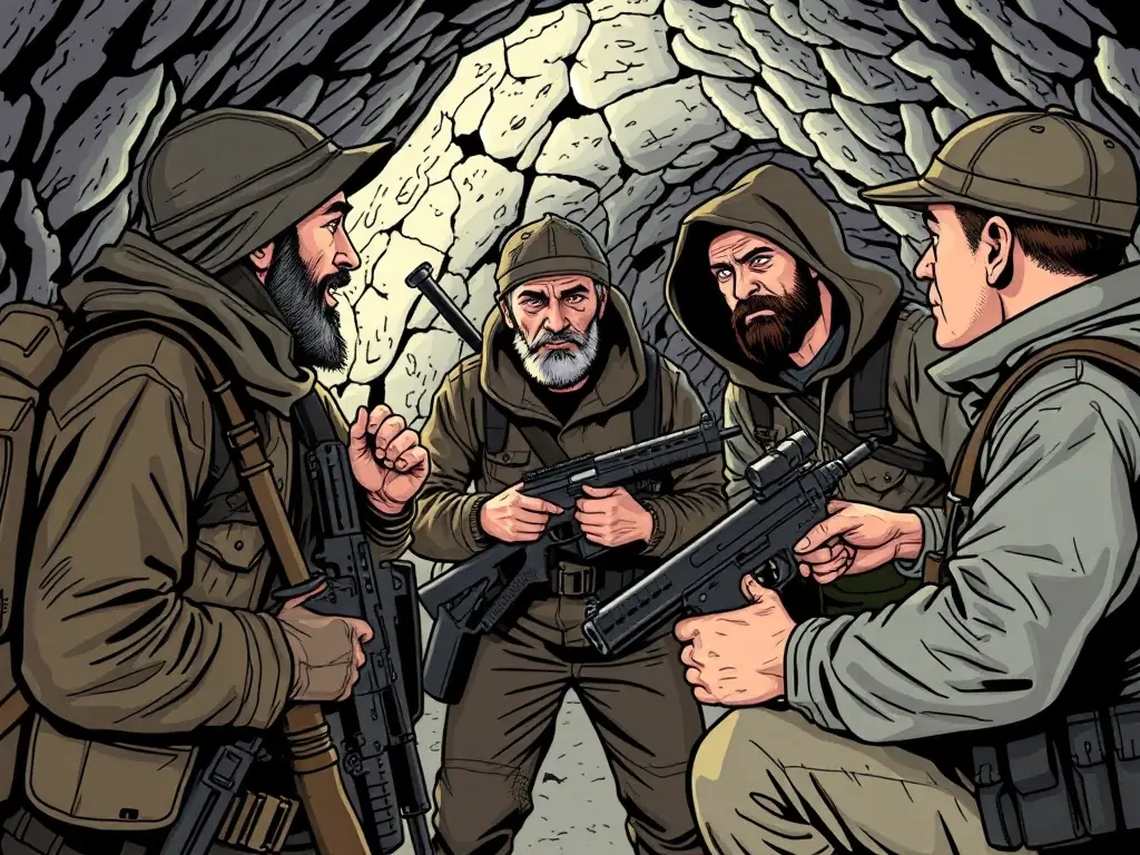 Hunters participating in an underground hunting event, sharing equipment and techniques, showcasing the camaraderie and shared learning experiences within ADEVATA.