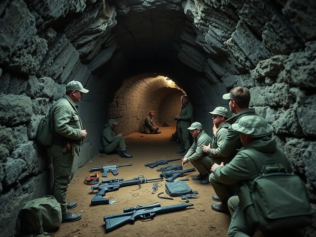 A group of hunters in underground tunnels receiving instruction from an experienced trainer, emphasizing the hands-on learning environment provided by ADEVATA.