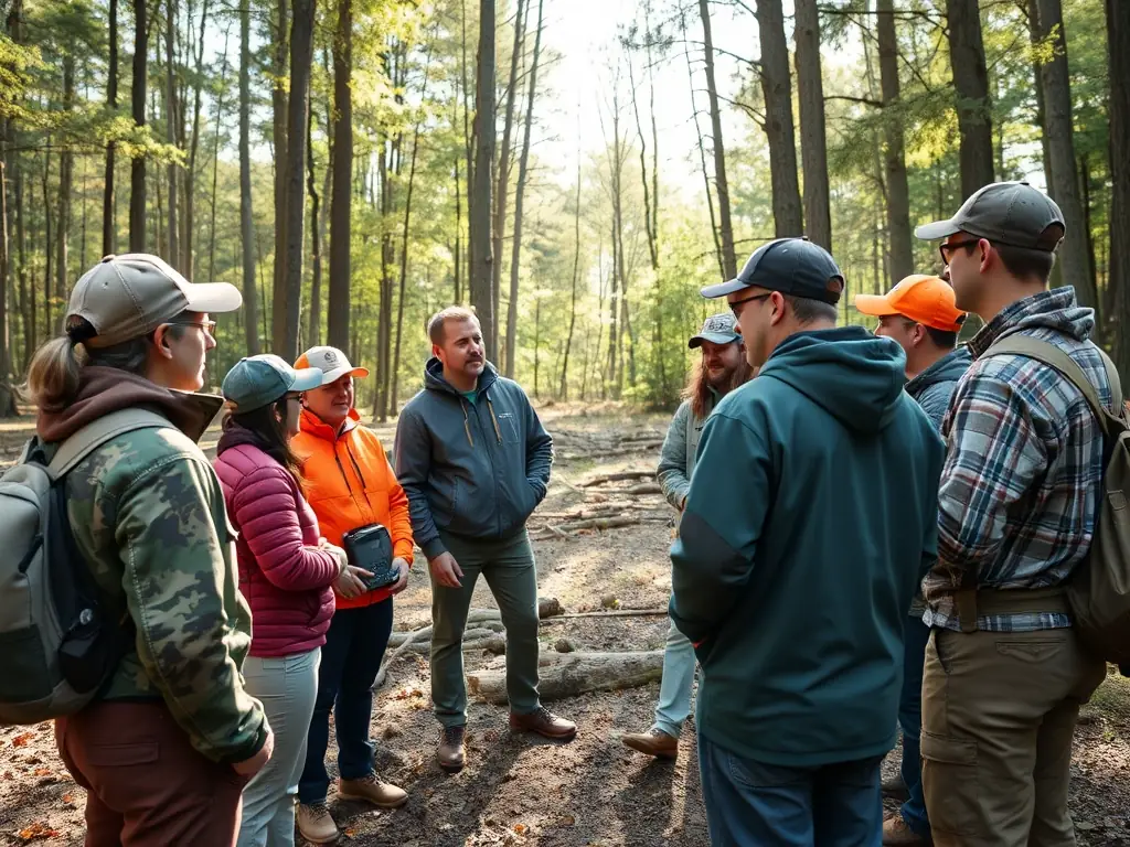 A group of hunters participating in an underground hunting training session, focusing on safety and technique.