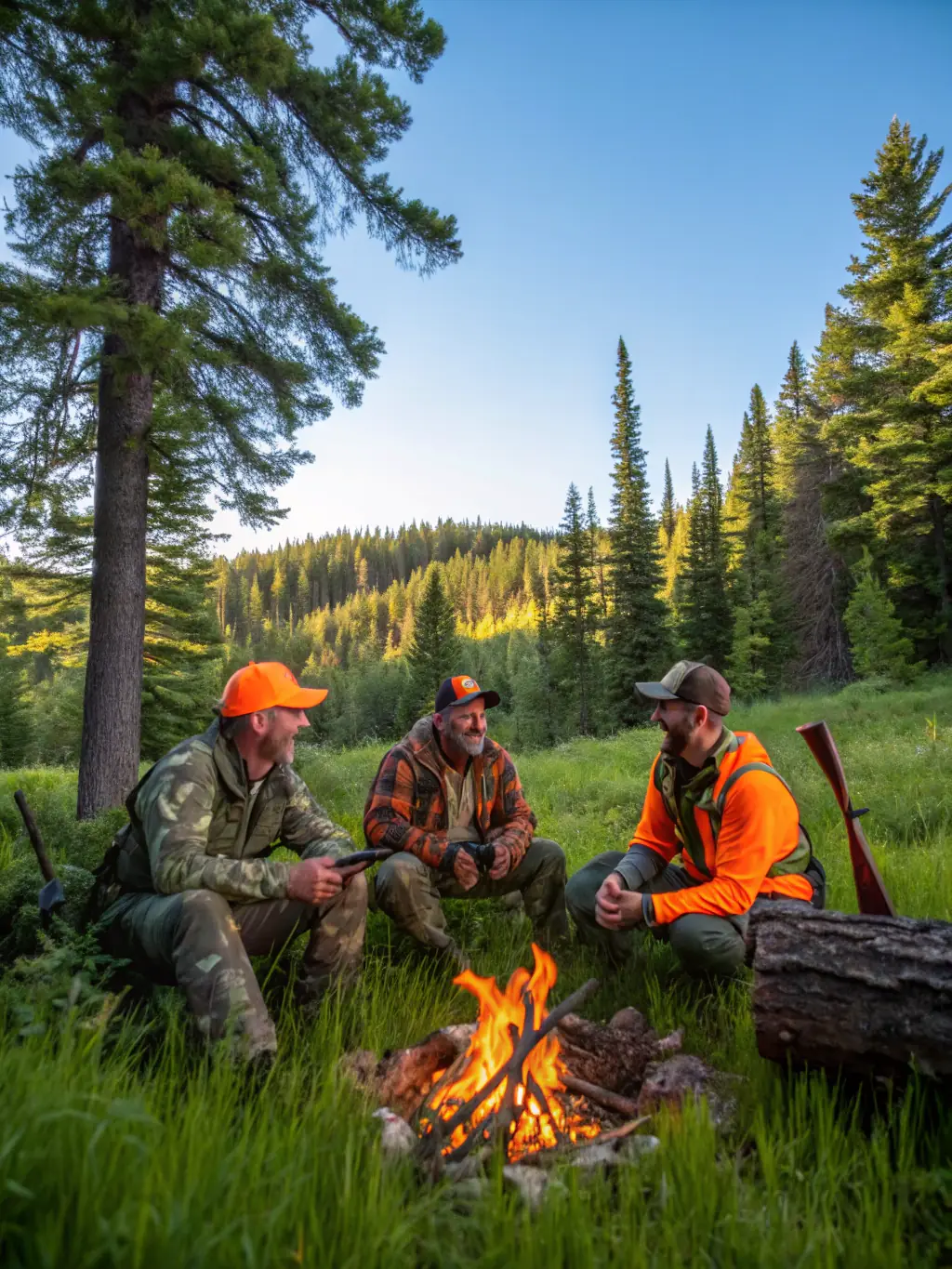 Image of hunters sharing stories and experiences around a campfire after a day of hunting.
