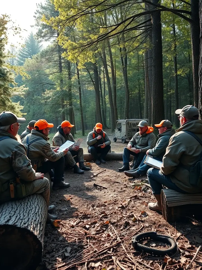 A group of hunters gathered around a map, planning their strategy for an upcoming underground hunt.